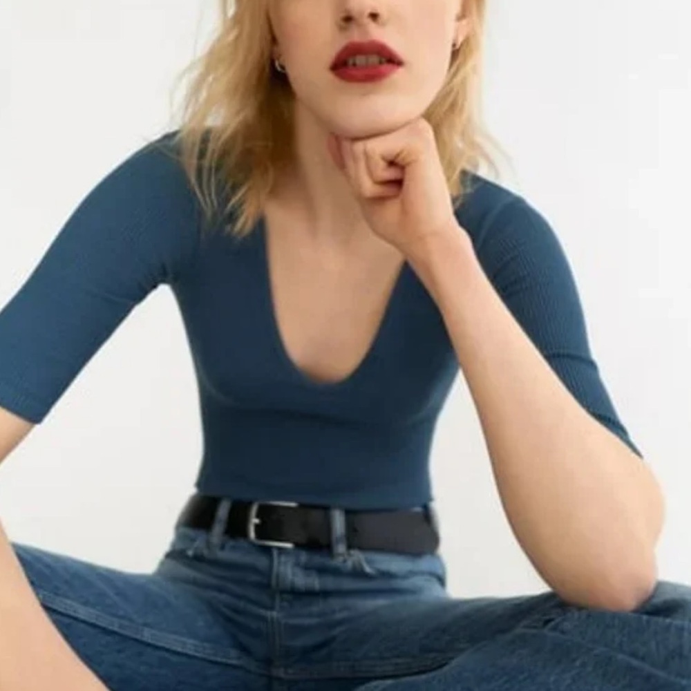 ZARA blue limitless contour stretch ribbed low scoop neck bodysuit size XS/S